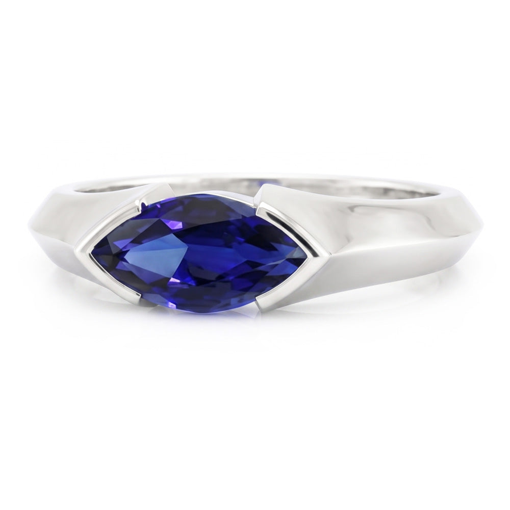 White Gold Solitaire Ring Bar Set Marquise Ceylon Sapphire 1 Carats