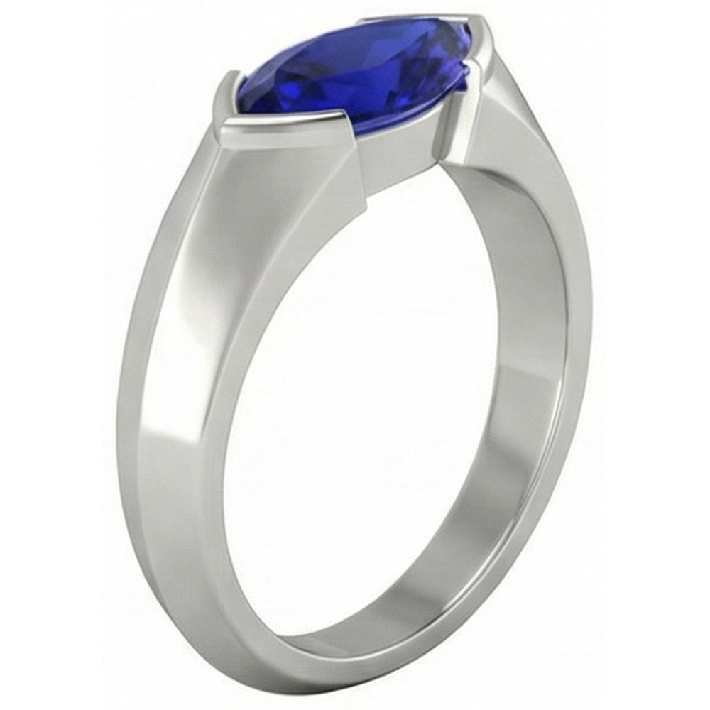 White Gold Solitaire Ring Bar Set Marquise Ceylon Sapphire 1 Carats
