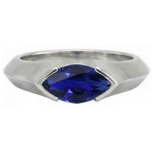 White Gold Solitaire Ring Bar Set Marquise Ceylon Sapphire 1 Carats