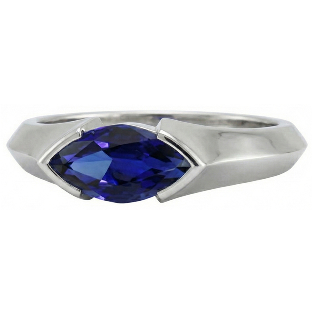 White Gold Solitaire Ring Bar Set Marquise Ceylon Sapphire 1 Carats