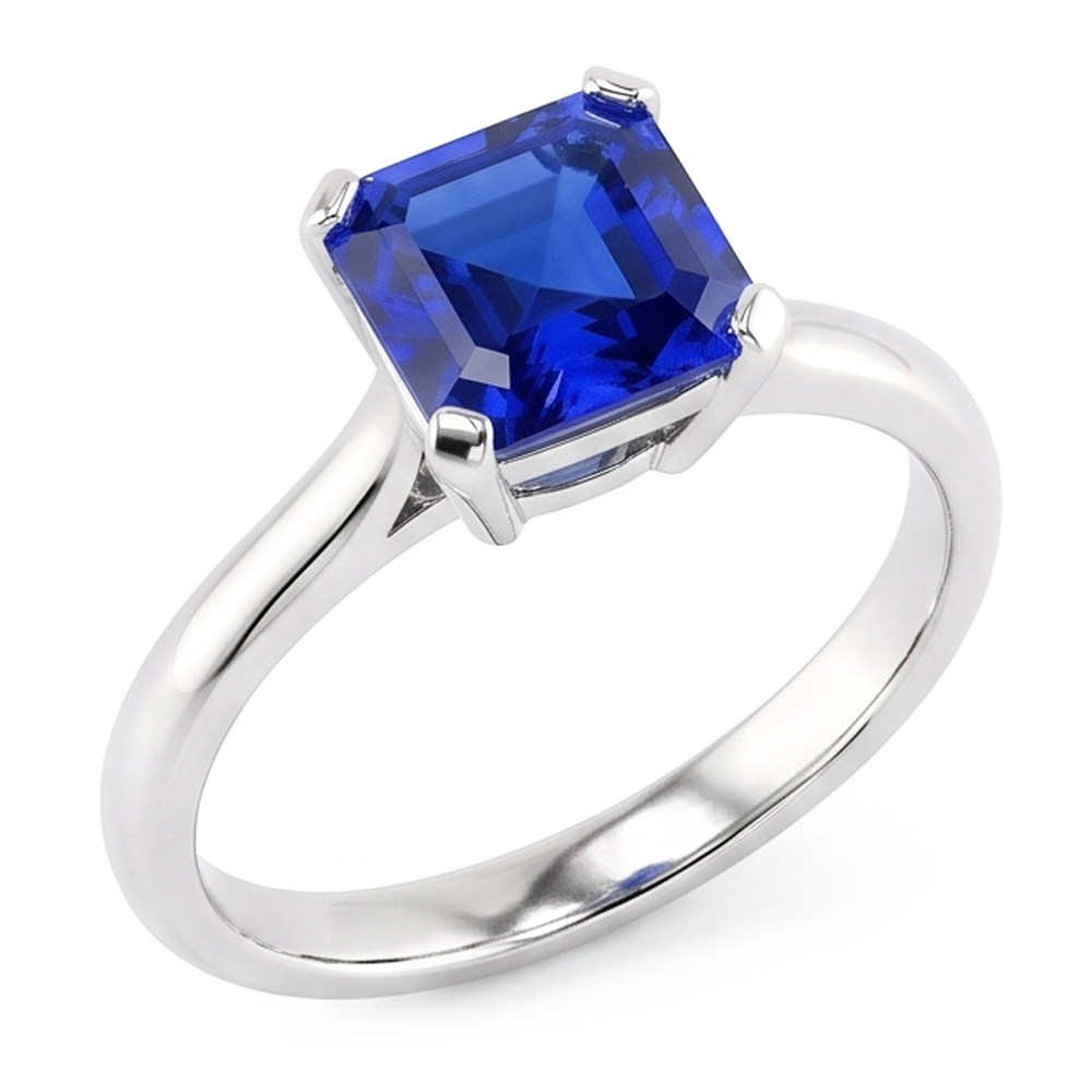 White Gold Solitaire Ring Blue Sapphire Asscher Cut 2 Carats
