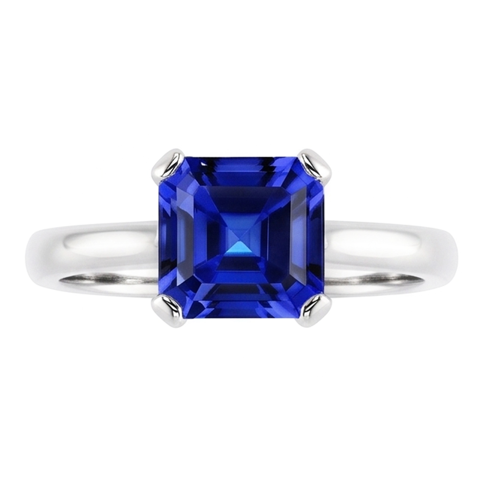White Gold Solitaire Ring Blue Sapphire Asscher Cut 2 Carats