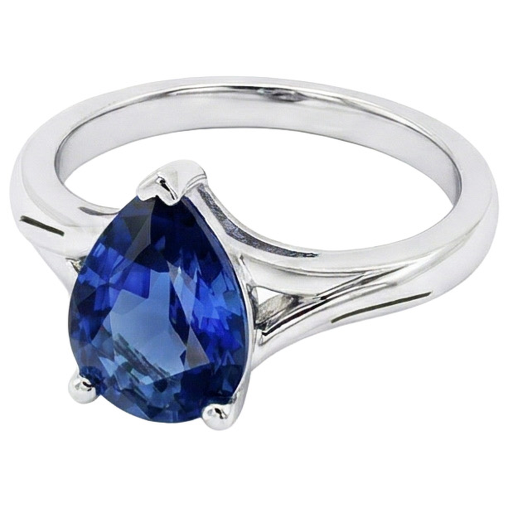 White Gold Solitaire Ring Pear Sri Lankan Sapphire 3 Carats