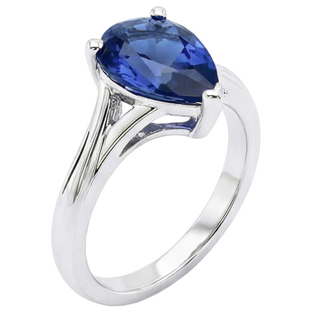 White Gold Solitaire Ring Pear Sri Lankan Sapphire 3 Carats