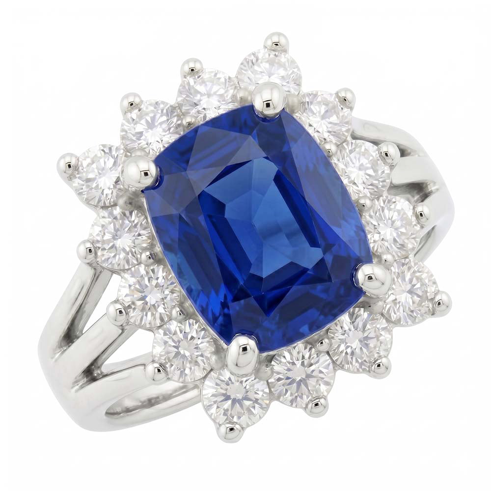 White Gold Sri Lanka Sapphire Cushion Natural Earth Mined DIAMOND ( NOT LAB GROWN )s Ring 6 Ct