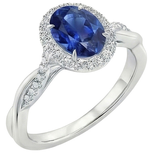 White Natural Earth Mined Diamond Halo Ring Blue Sapphire Twisted Shank 5 Carats