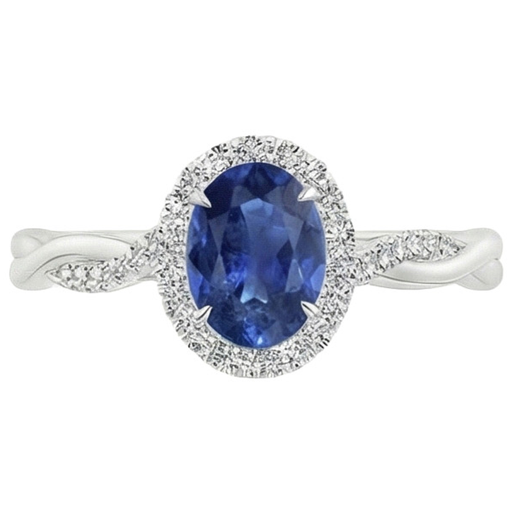 White Natural Earth Mined Diamond Halo Ring Blue Sapphire Twisted Shank 5 Carats