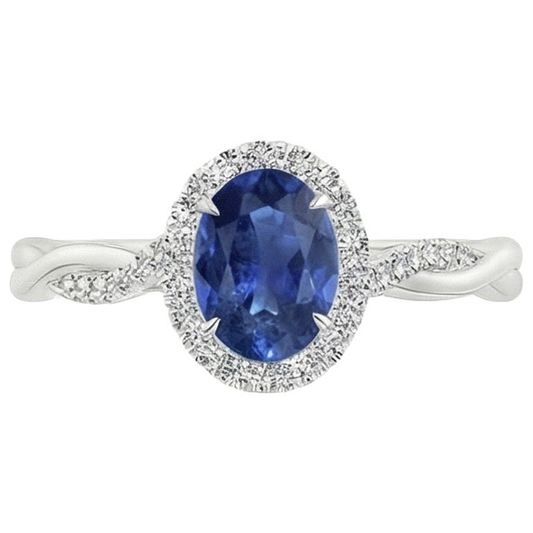 White Natural Earth Mined Diamond Halo Ring Blue Sapphire Twisted Shank 5 Carats