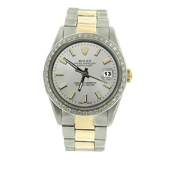 White Stick Dial Rolex Date Just Diamond Bezel Watch Ss & Gold QUICK SET