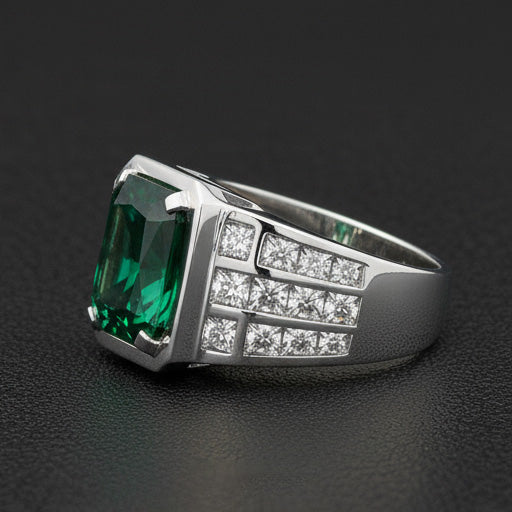 Radiant Colombian Emerald ring in 10K White Gold – front view