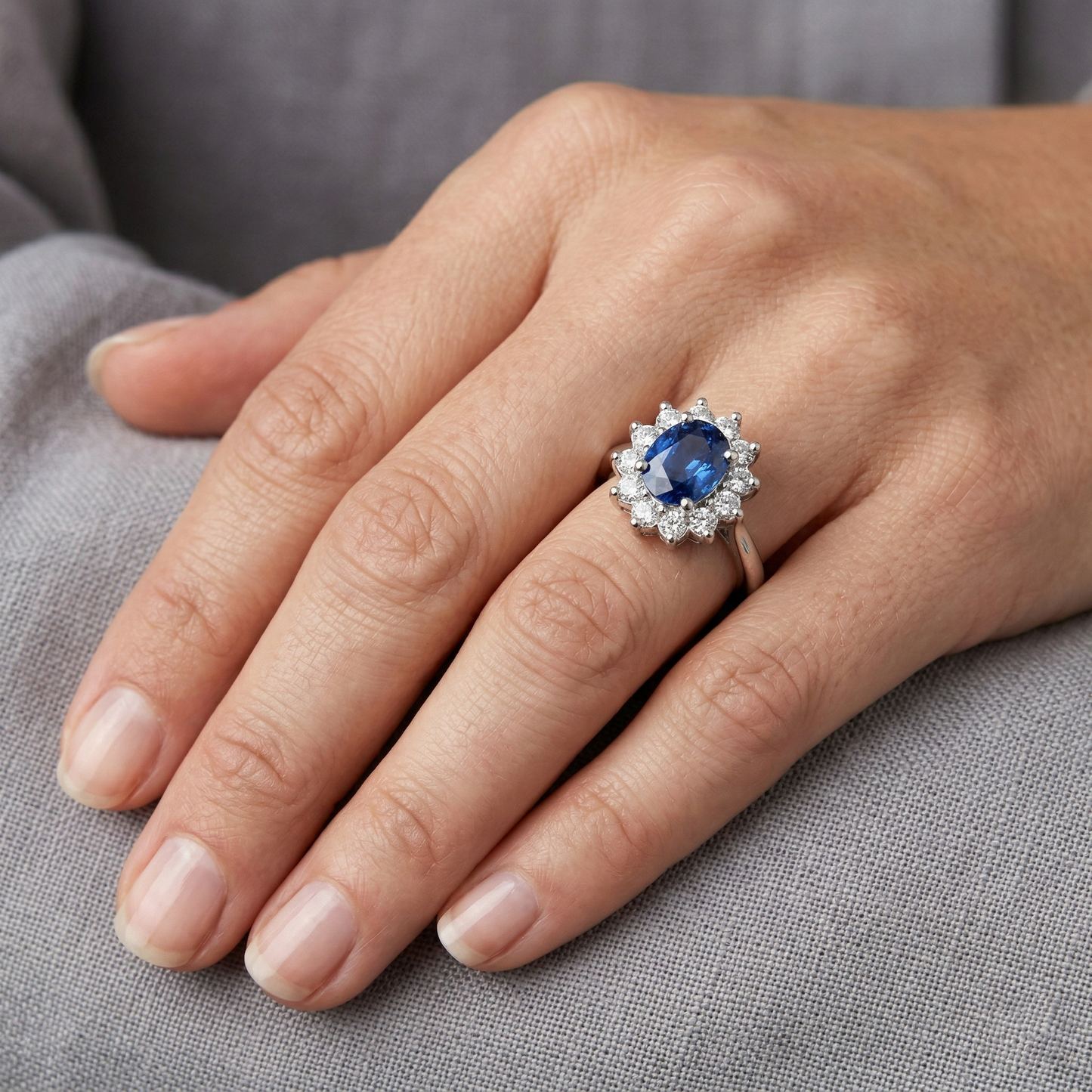 White Gold 14K Halo Natural Earth Mined DIAMOND ( NOT LAB GROWN ) And Ceylon Sapphire Ring 3.20 Ct.