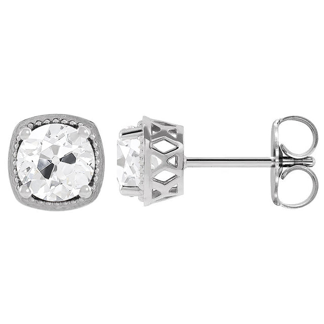 Diamond Antique Cushion Stud Earrings in 14K White Gold – front view