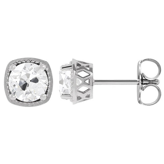Diamond Antique Cushion Stud Earrings in 14K White Gold – front view