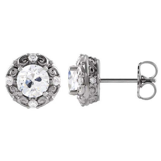 Brilliant Diamond Antique Cushion Stud Earrings in 14 Karat White Gold – front view