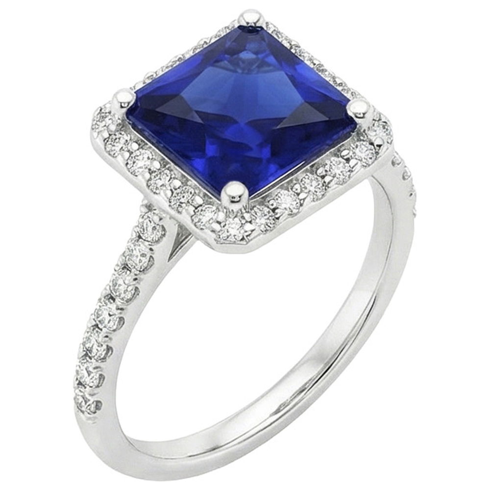 White Gold Halo Ring Princess Sri Lankan Sapphire & Natural Earth Mined Diamonds 6 Carats