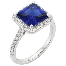 White Gold Halo Ring Princess Sri Lankan Sapphire & Natural Earth Mined Diamonds 6 Carats