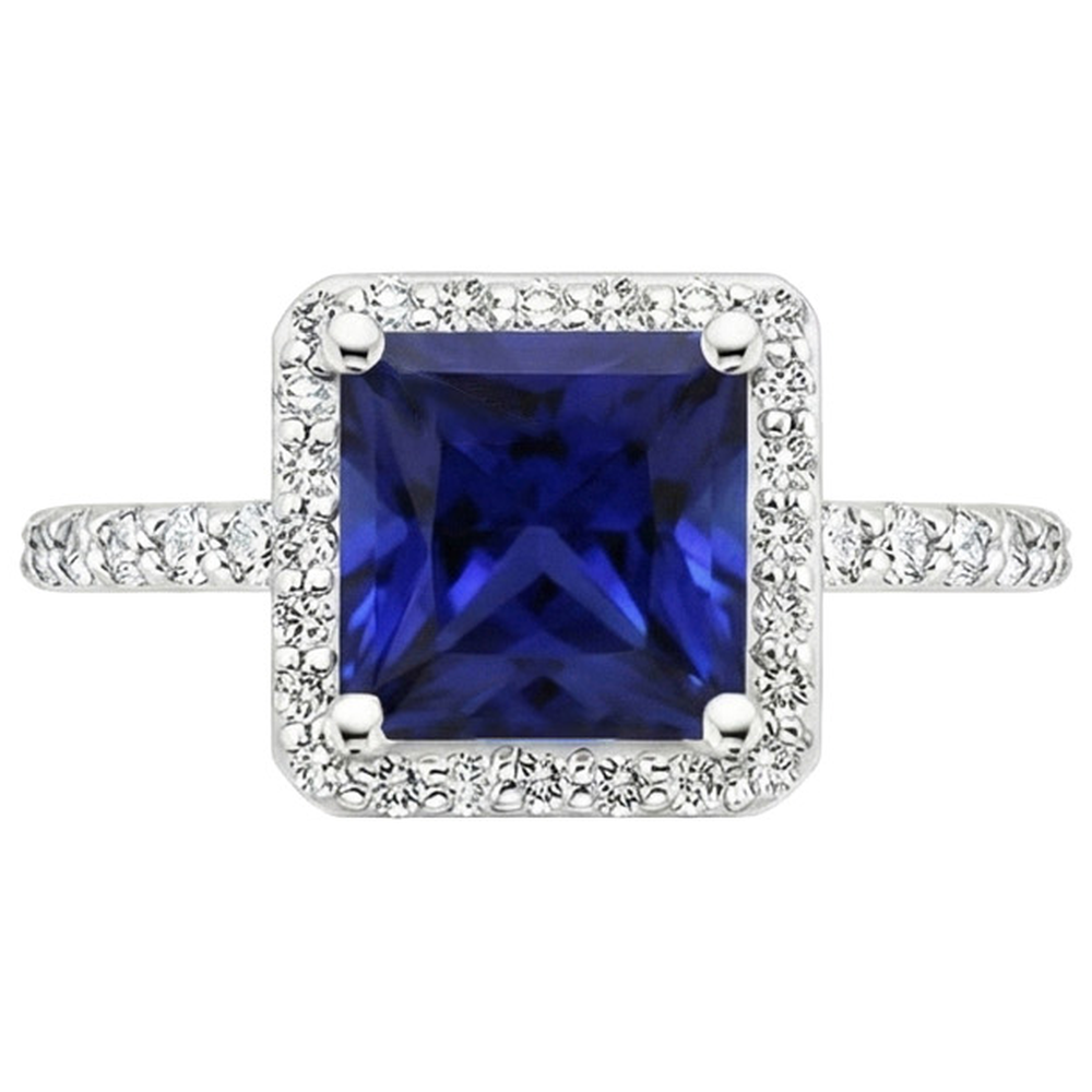 White Gold Halo Ring Princess Sri Lankan Sapphire & Natural Earth Mined Diamonds 6 Carats