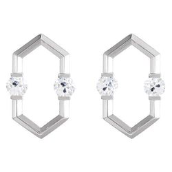 White Gold Hexagon Real Diamond Stud Earrings 2 Carats Round Old Miner