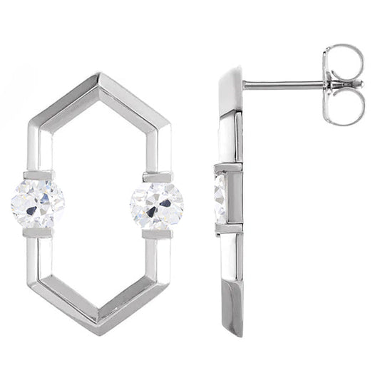 White Gold Hexagon Real Diamond Stud Earrings 2 Carats Round Old Miner