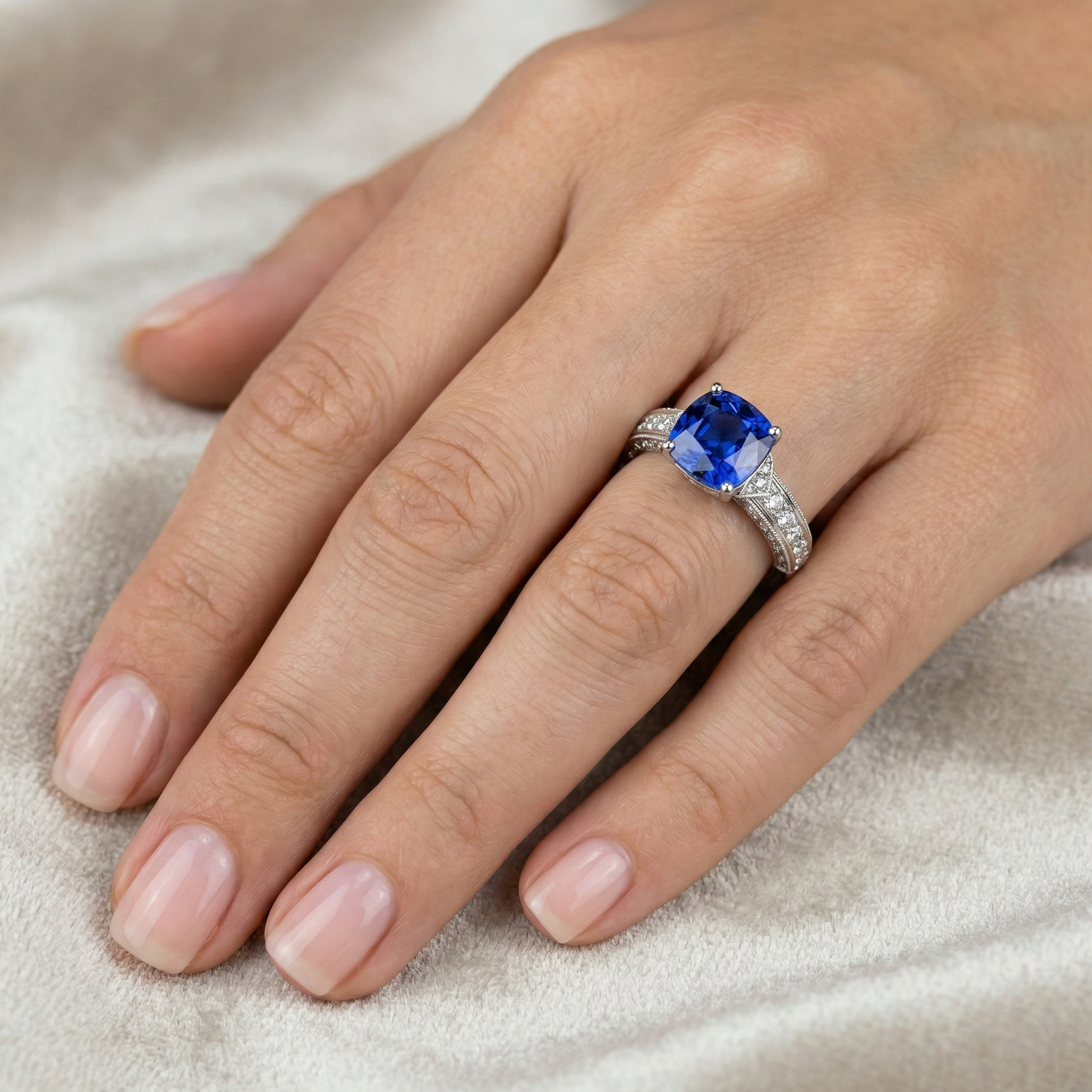 White Gold Natural Earth Mined Diamond Blue Sapphire Engagement Ring Prong Set 3.50 Carats