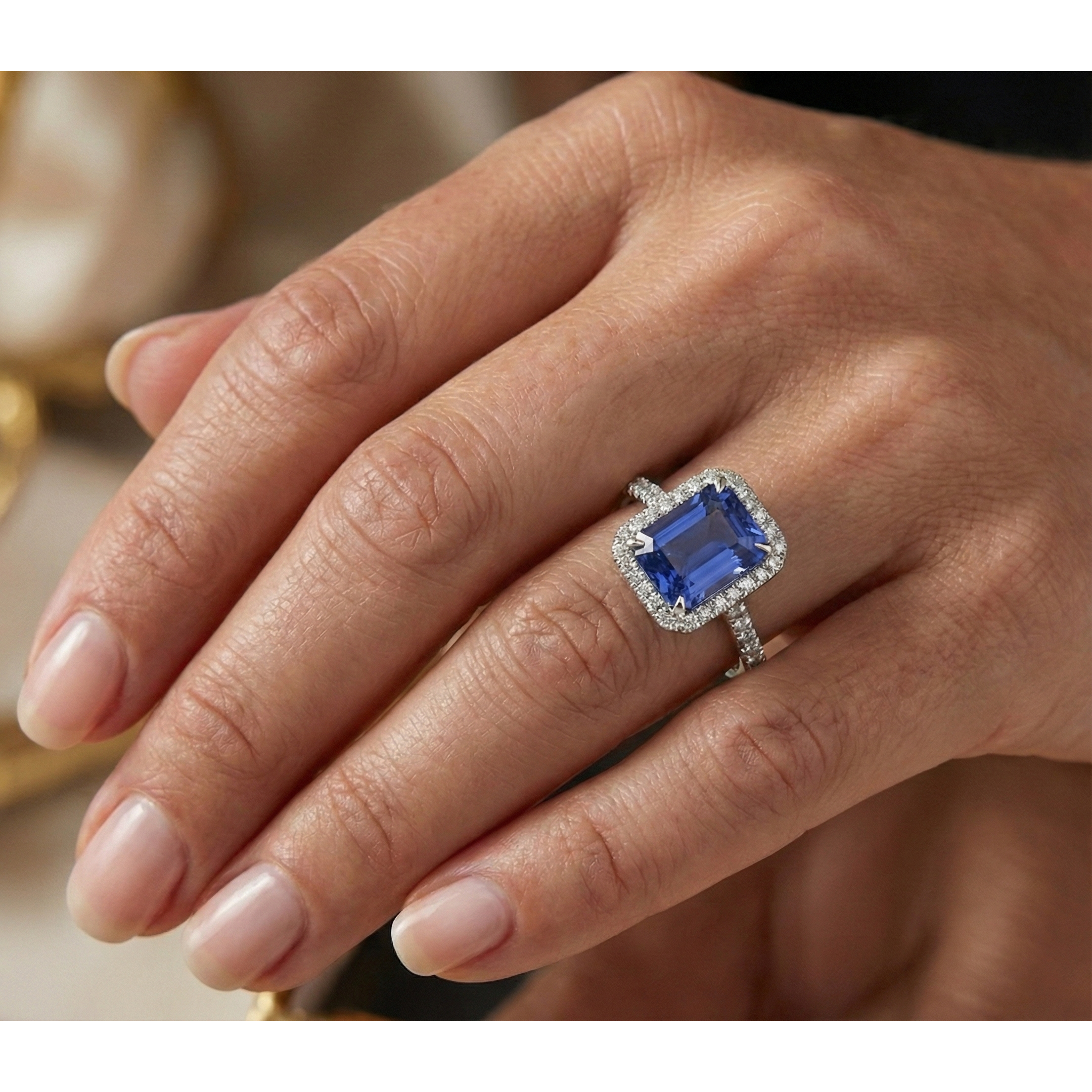 natural round sapphire 4ct ring on white background