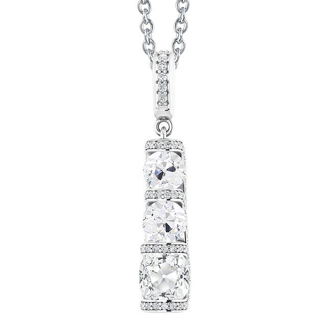 White Gold Real Natural Earth Mined Diamond Pendant 3 Stone Style Cushion Old Miner 5 Carats