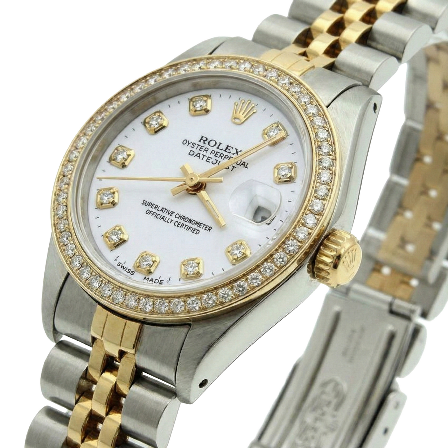 White Dial Bezel Jubilee Ss & Gold Rolex Date Just Lady Watch
