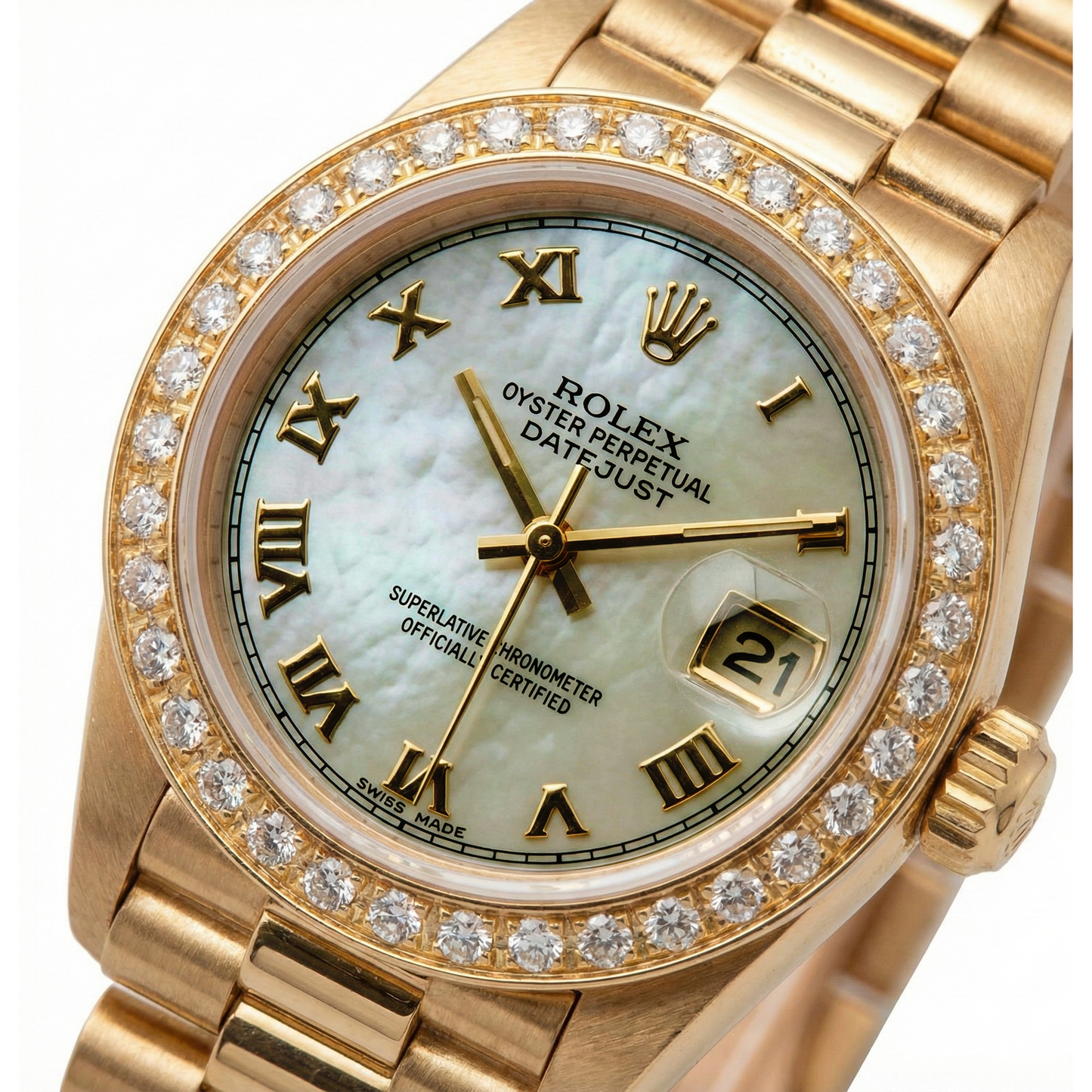 White Mop Roman Dial Presidential Watch Rolex Dj Natural Earth Mined Diamond Bezel Gold