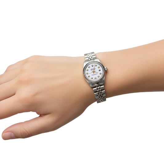 White Natural Earth Mined Diamond Dial Rolex Perpetual Ss Women Datejust Watch P1