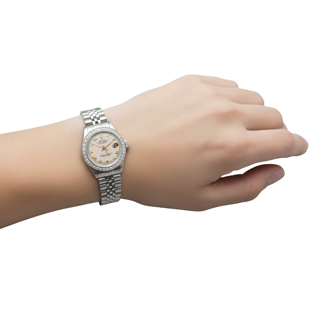  White Roman Dial Date Just Natural Earth Mined Diamond Bracelet Rolex Ladies Watch P1