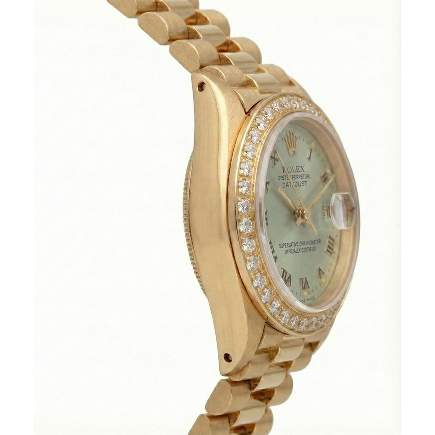 White Roman Dial Natural Earth Mined Diamond Bezel Rolex Dj Watch President Style Yg