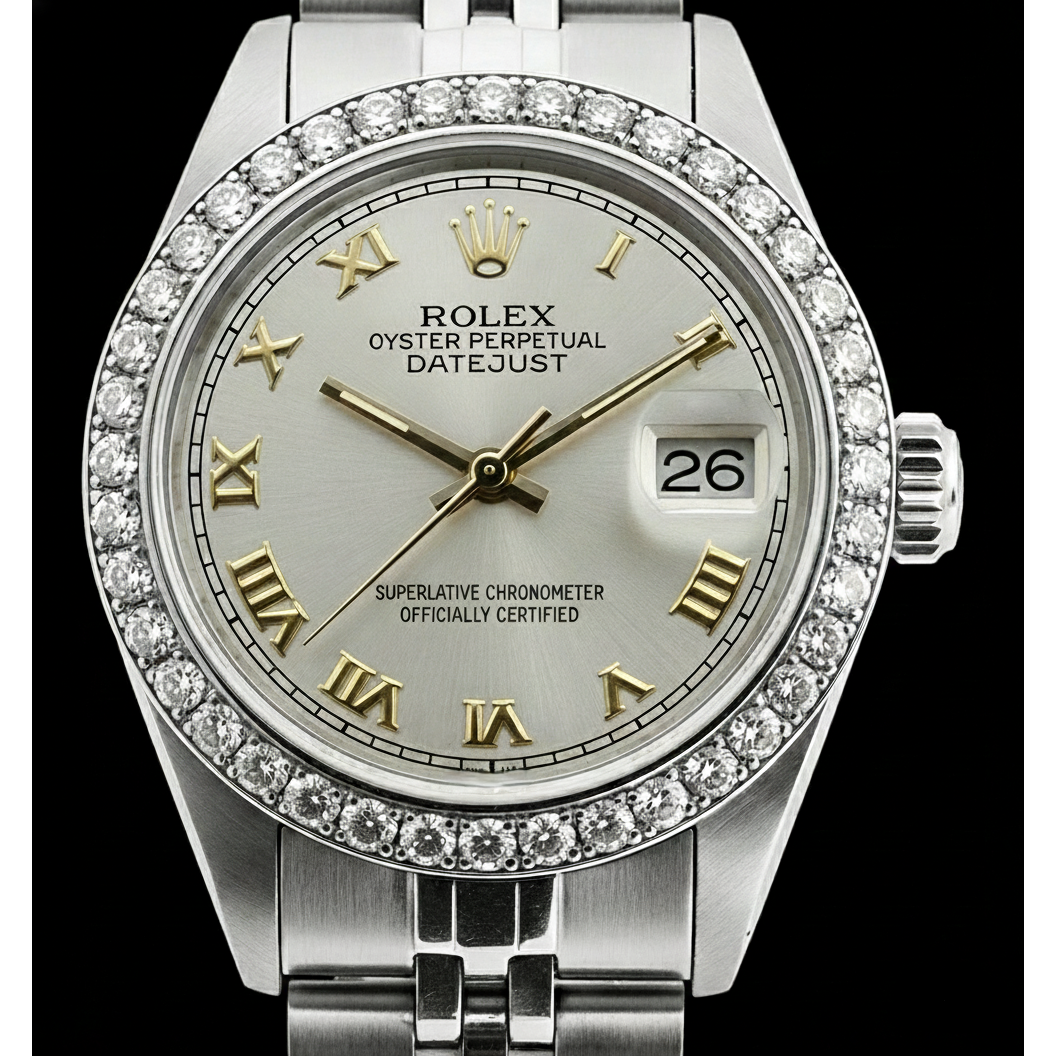 White Roman Dial Rolex Ladies Bracelet Date Just Natural Earth Mined Diamond Bezel