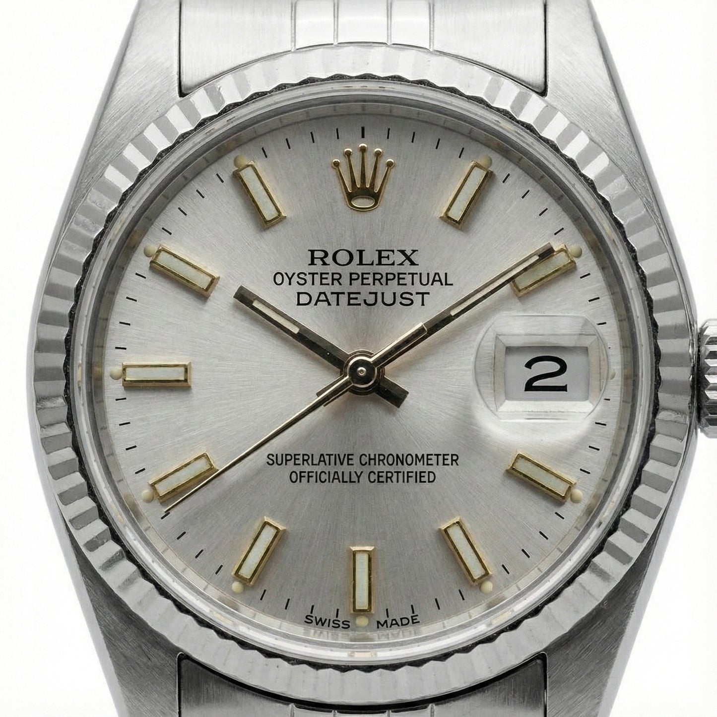 White Stick Dial Rolex Date Just Ss Watch Fluted Bezel Datejust
