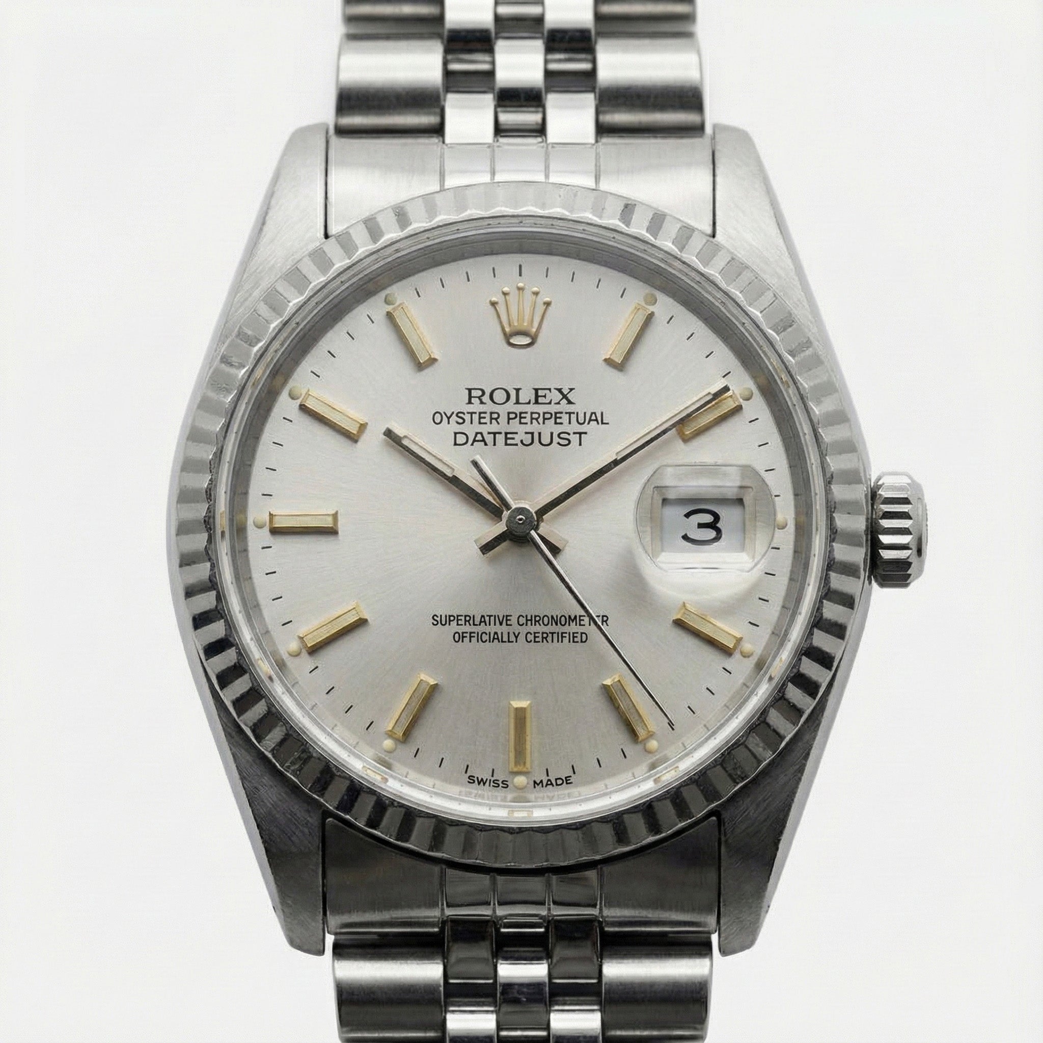 White Stick Dial Rolex Date Just Ss Watch Fluted Bezel Datejust