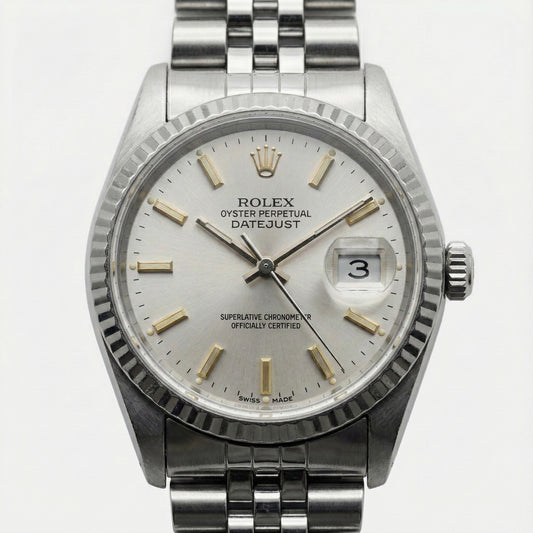 White Stick Dial Rolex Date Just Ss Watch Fluted Bezel Datejust
