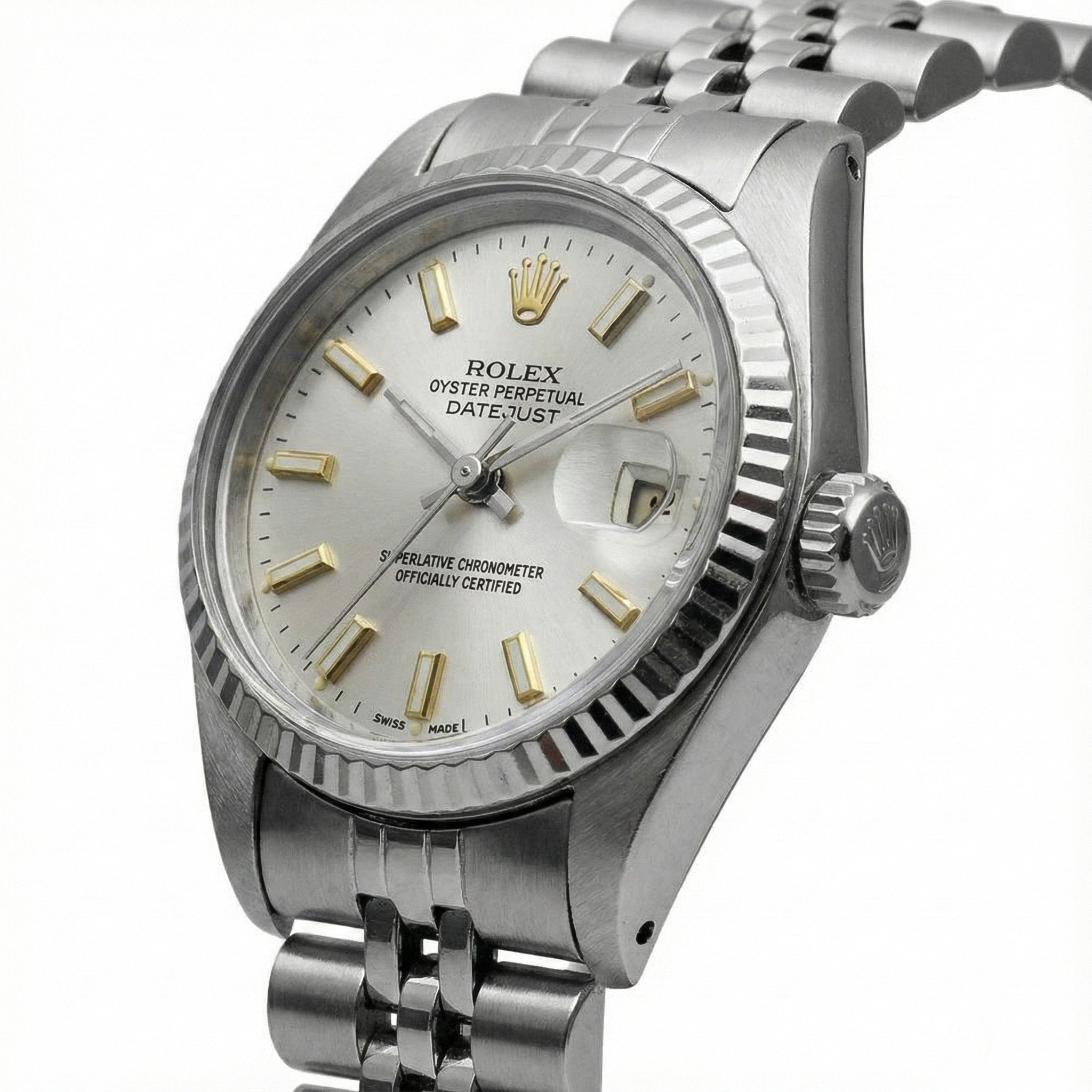 White Stick Dial Rolex Date Just Ss Watch Fluted Bezel Datejust