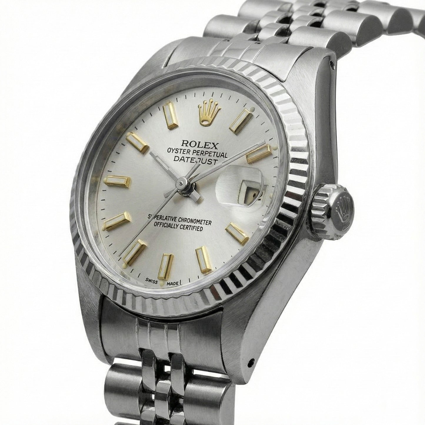 White Stick Dial Rolex Date Just Ss Watch Fluted Bezel Datejust
