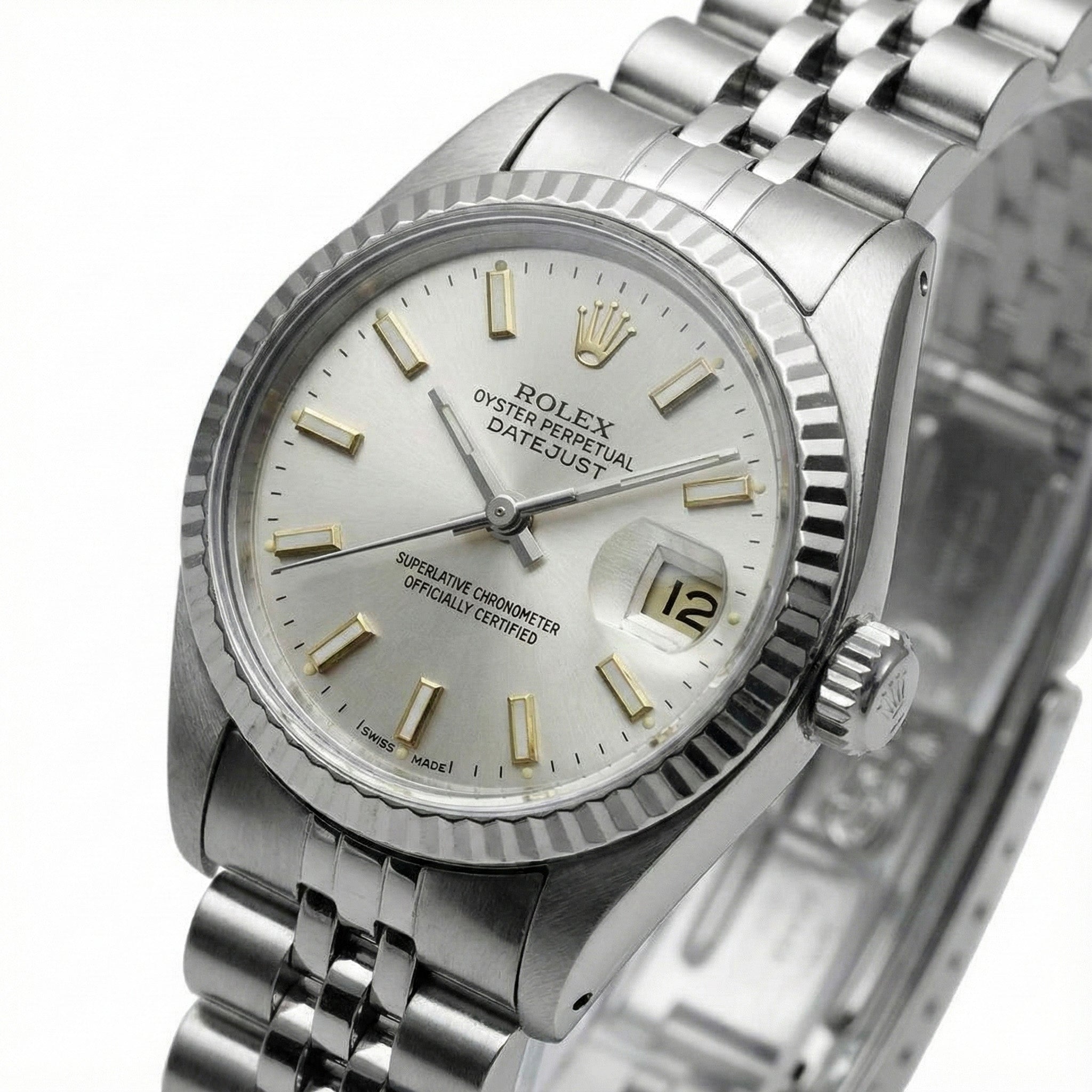 White Stick Dial Rolex Date Just Ss Watch Fluted Bezel Datejust