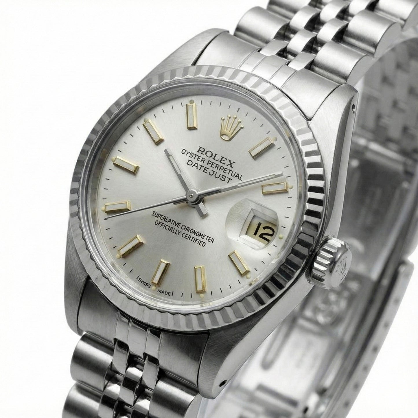 White Stick Dial Rolex Date Just Ss Watch Fluted Bezel Datejust