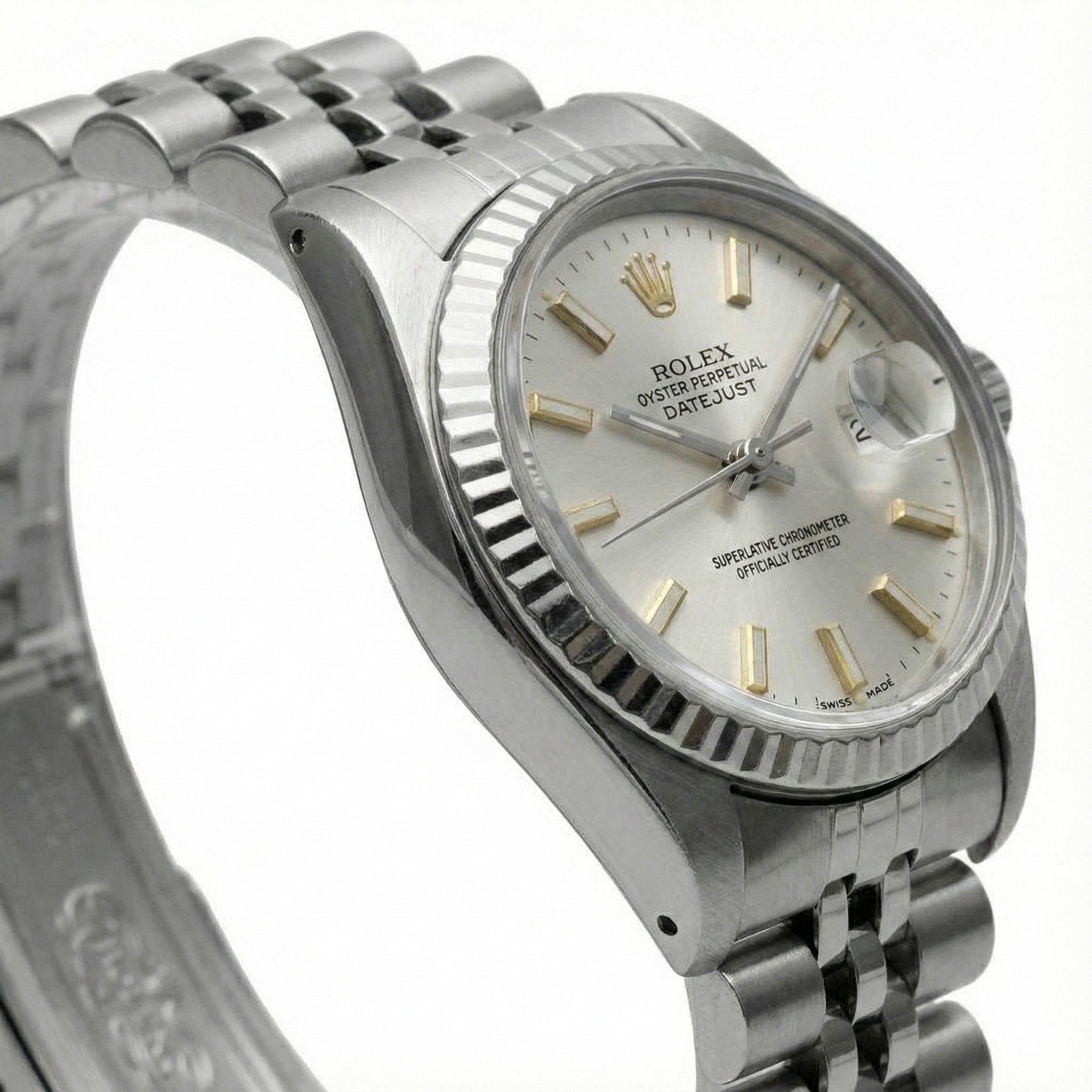 White Stick Dial Rolex Date Just Ss Watch Fluted Bezel Datejust
