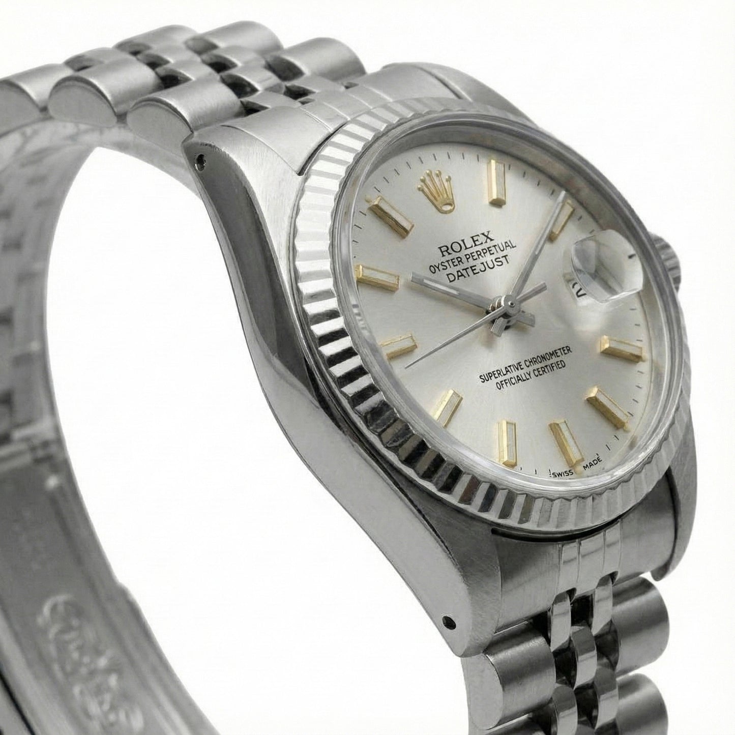 White Stick Dial Rolex Date Just Ss Watch Fluted Bezel Datejust