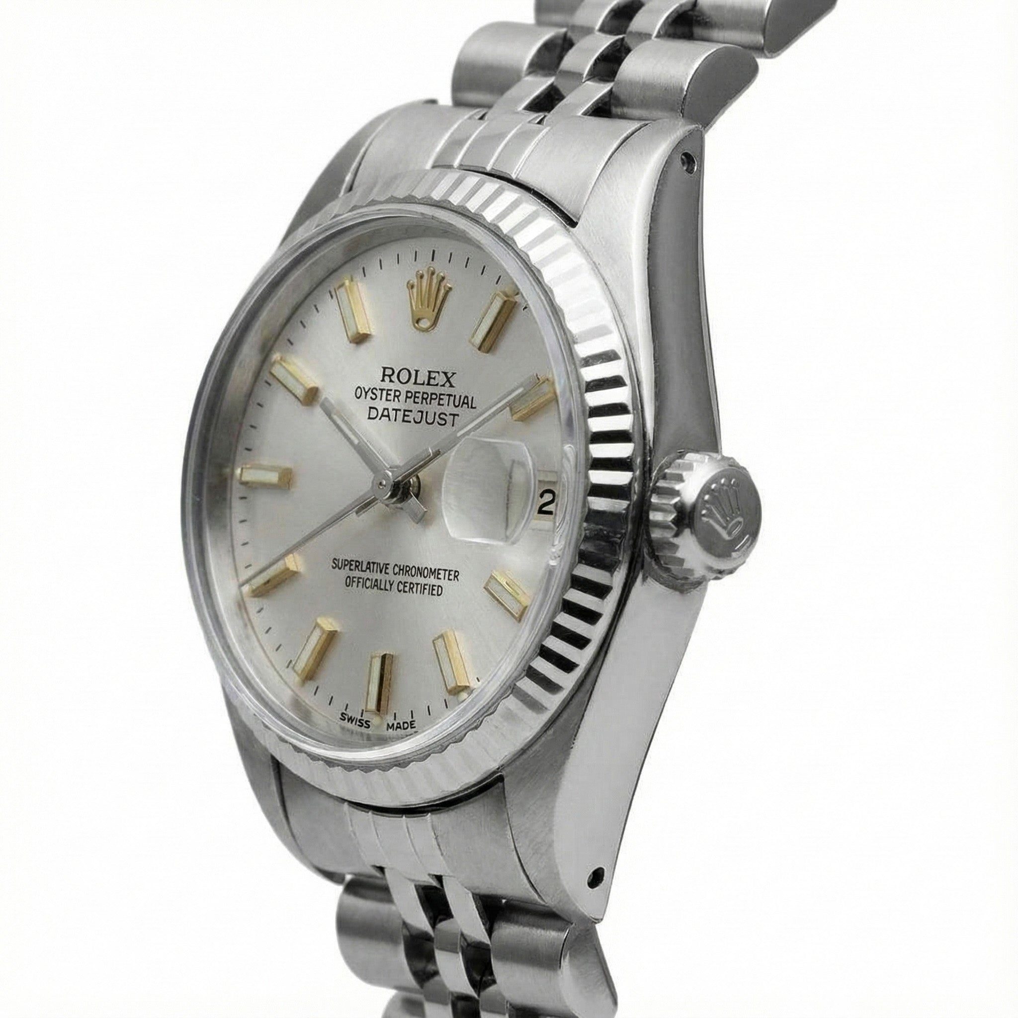 White Stick Dial Rolex Date Just Ss Watch Fluted Bezel Datejust