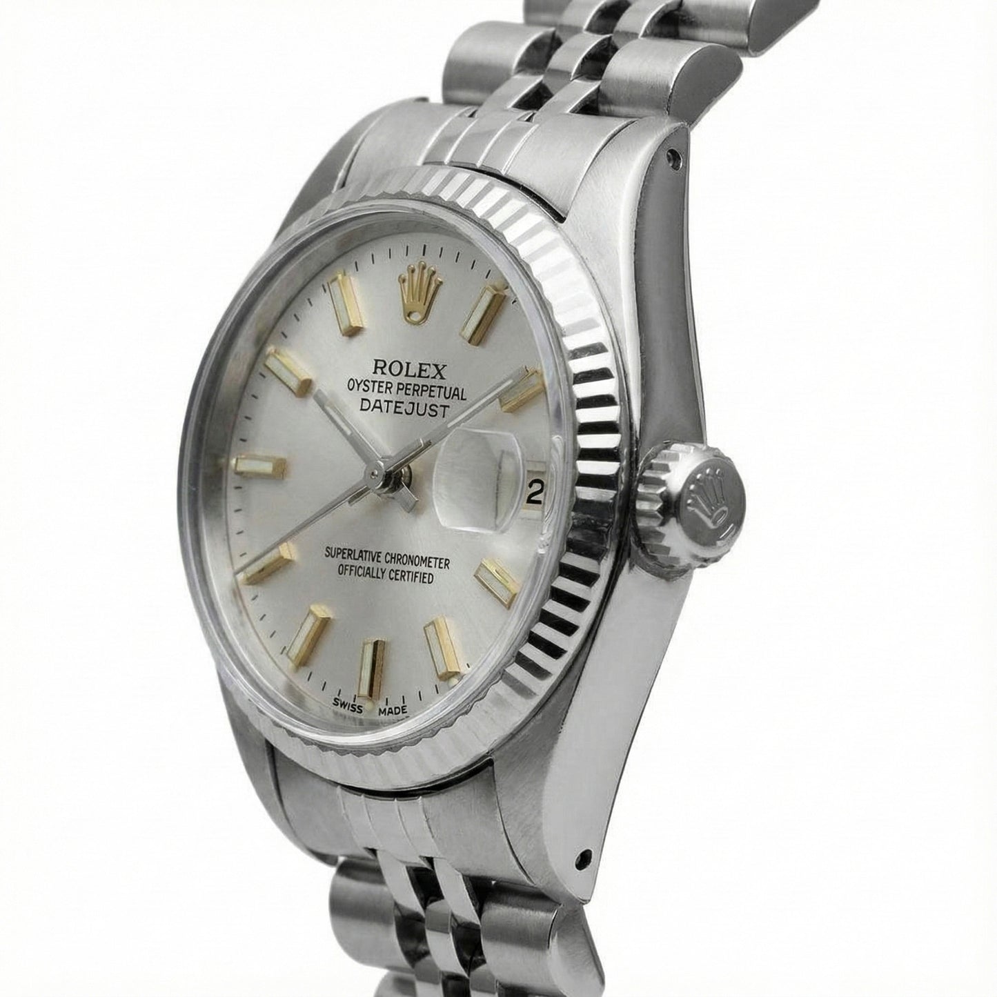 White Stick Dial Rolex Date Just Ss Watch Fluted Bezel Datejust