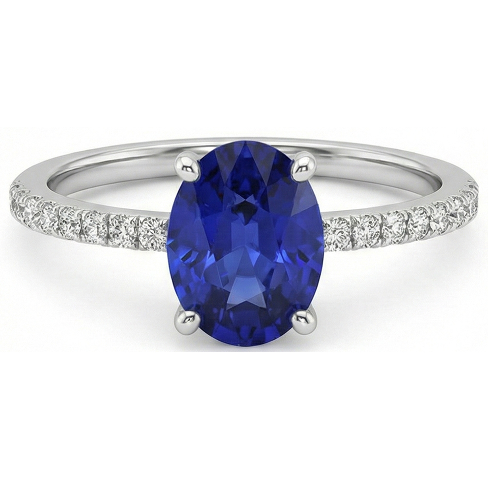 Women Blue Sapphire Ring Oval Cut With Pave Set Natural Earth Mined Diamonds 4.50 Carats