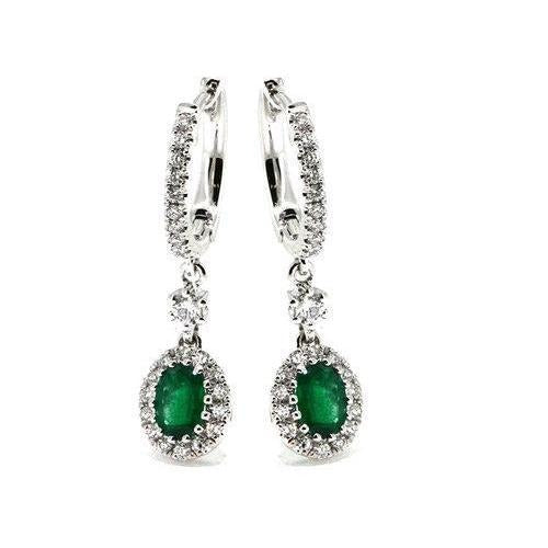 Women Dangle Earrings 4.50 Carats Green Emerald With Diamonds Gold 14K
