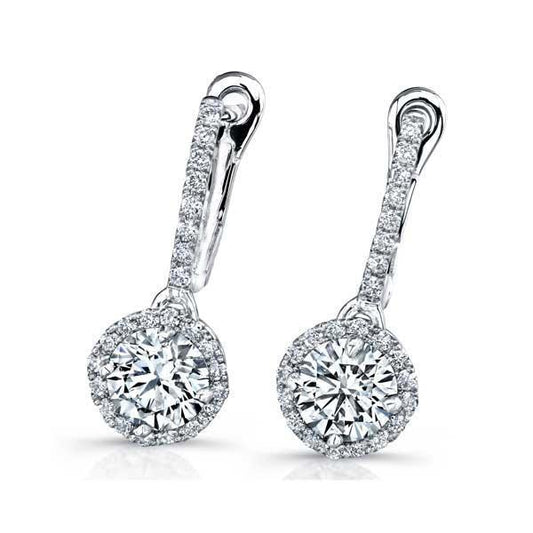 Women Dangle Earrings Round Cut 4 Carats Real Diamond 14K White Gold
