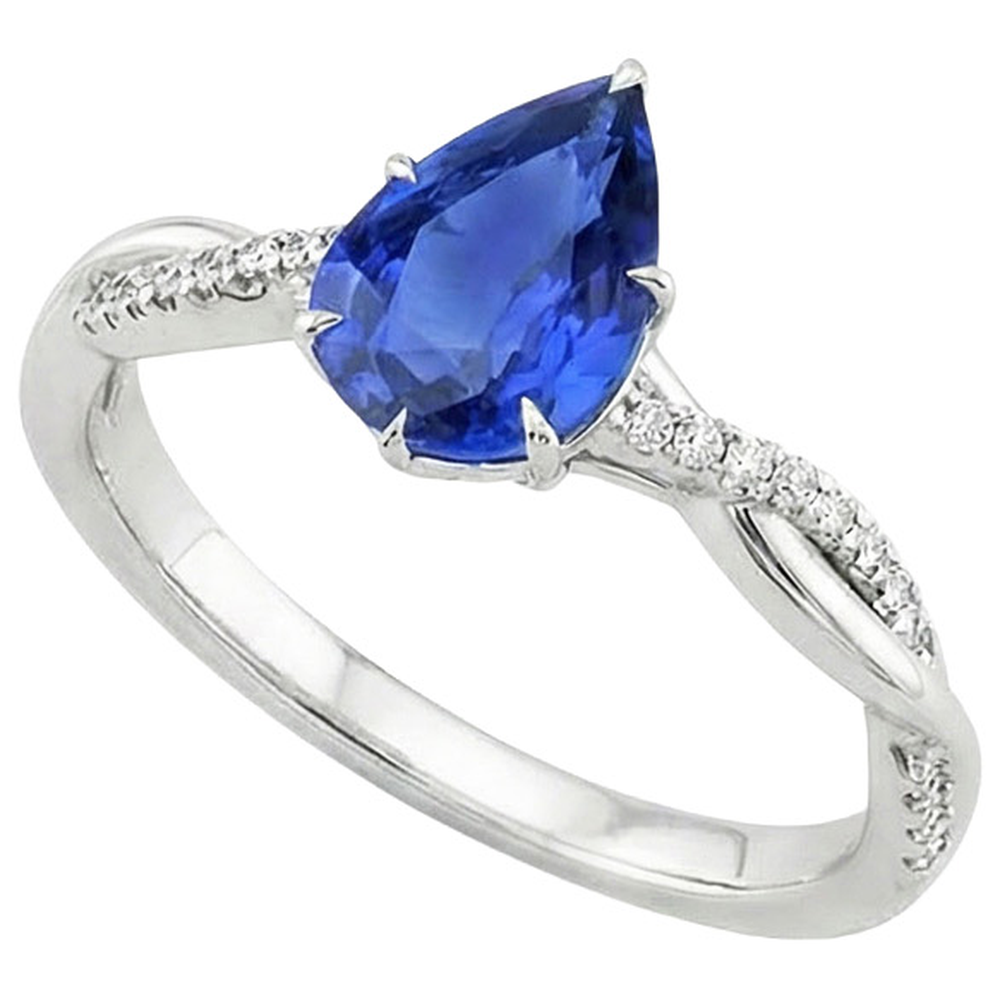 Women Engagement Natural Earth Mined Diamond Ring & Pear Blue Sapphire White Gold 5 Carats