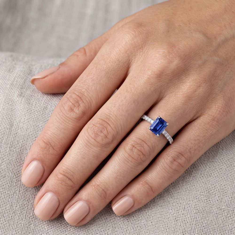 Women Gemstone Ring With Natural Earth Mined Diamonds Radiant Cut Sapphire 1.50 Carats