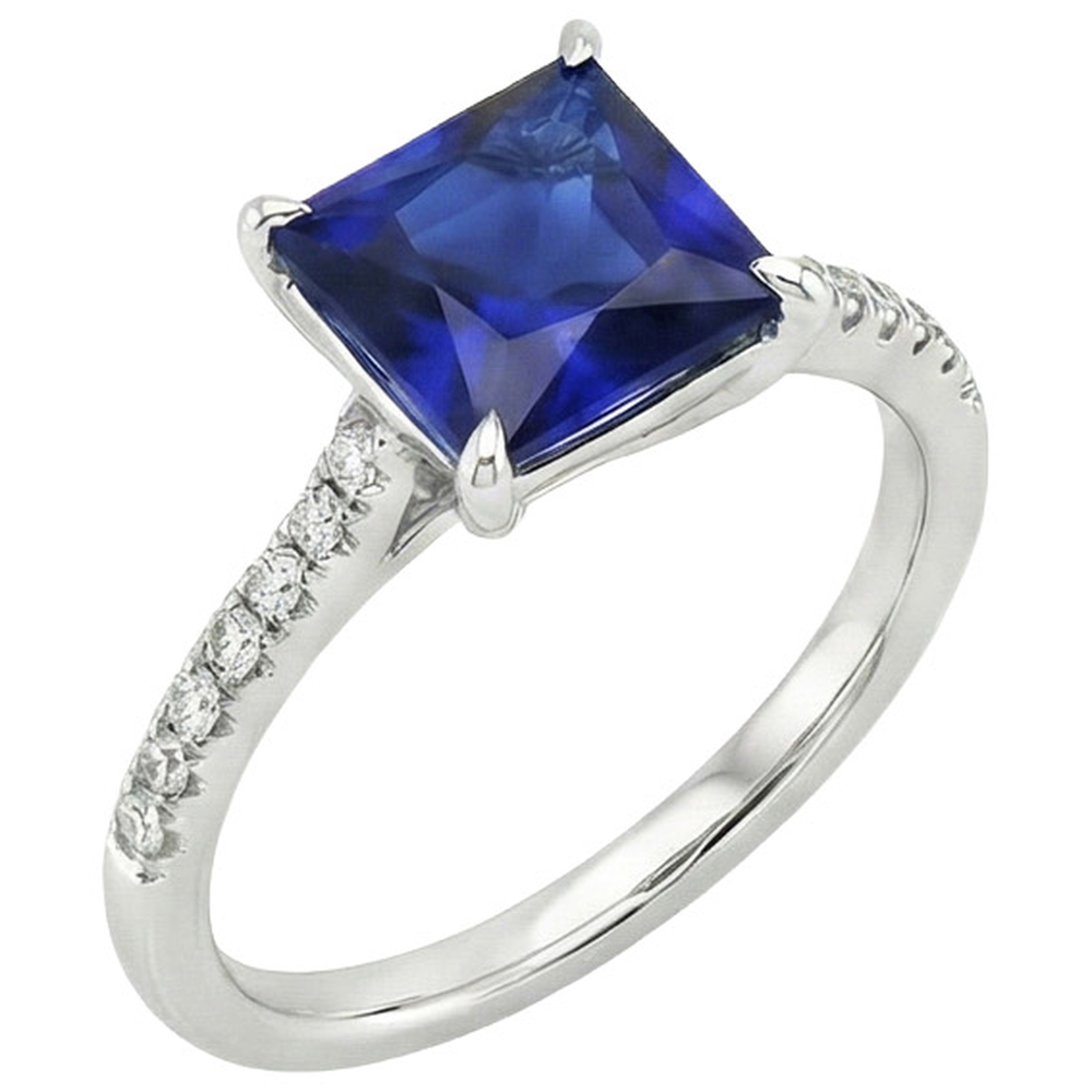 Women Gold Princess Blue Sapphire & Natural Earth Mined Diamond Engagement Ring 5.50 Carat