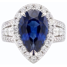 Women Halo Blue Sapphire Wedding Ring Set & Natural Earth Mined Diamonds 6 Carats
